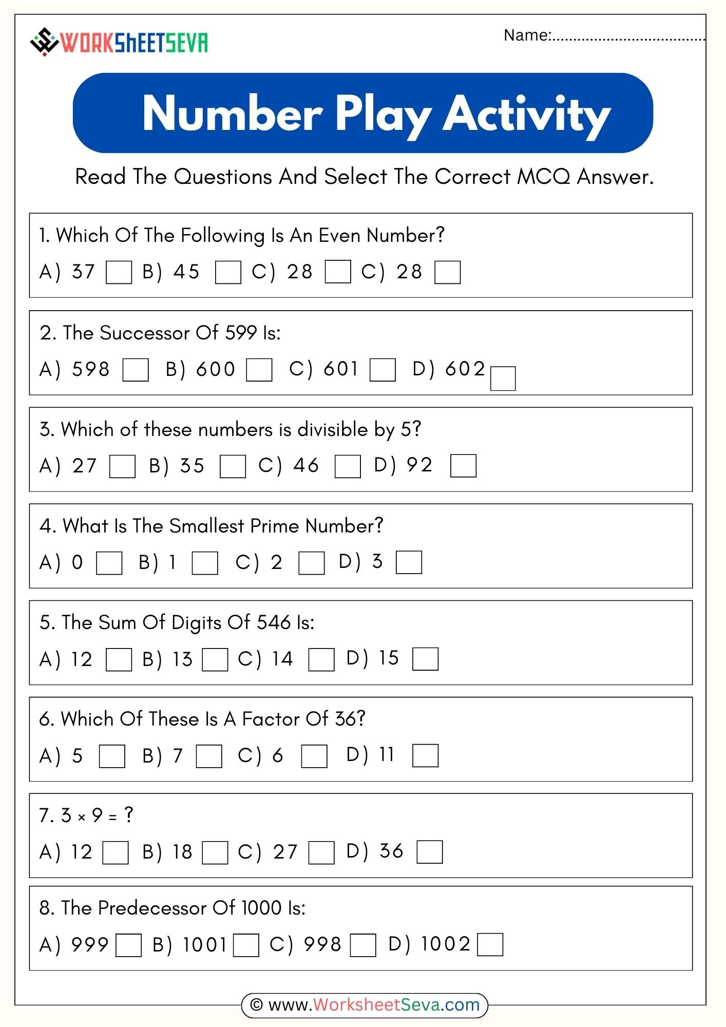 Number Play Class 6 Worksheet pdf