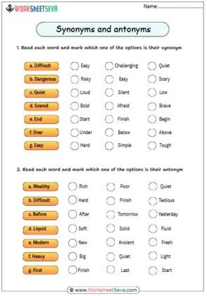 free worksheet for Choose the Right Synonyms - Antonyms