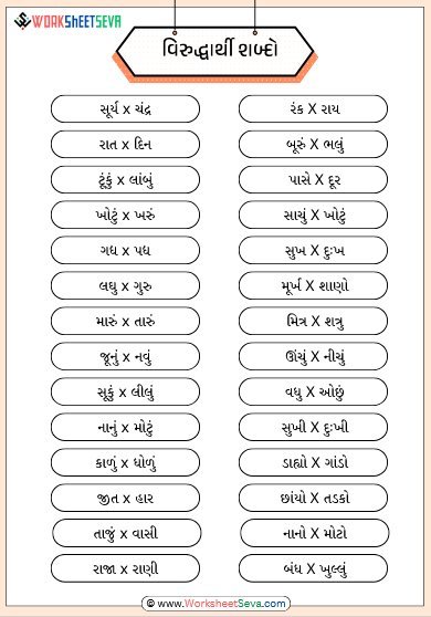 વિરોધી શબ્દો ચાર્ટ ધોરણ - 6 pdf