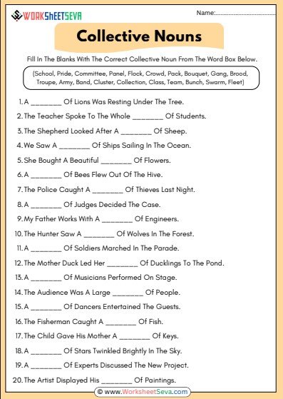 Fill In The Blanks Collective Nouns Worksheet pdf
