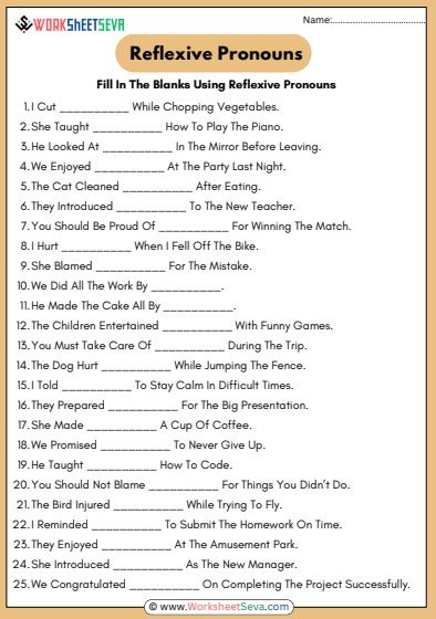 Fill In The Blanks Using Reflexive Pronouns Worksheet pdf