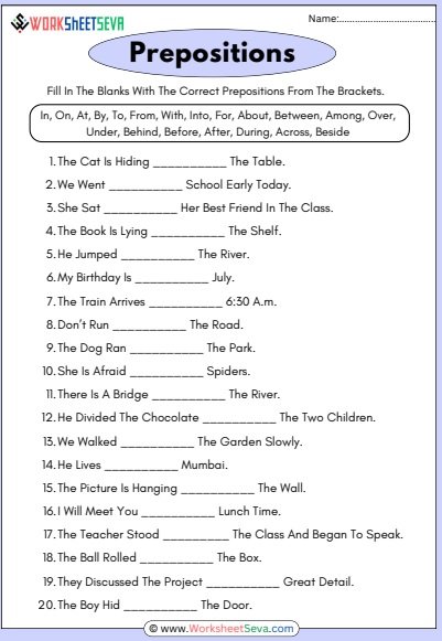 Fill In The Blanks With Appropriate Preposition With Answers worksheet pdf