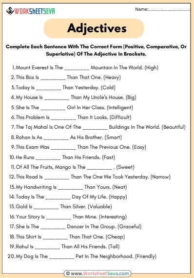Fill In The Blanks With Correct Degree Of Adjectives Worksheet pdf