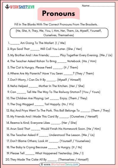 Fill In The Blanks With Pronouns Worksheet pdf