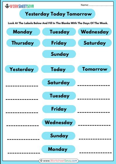 Days of the week worksheet Yesterday today tomorrow activity Fill in the blanks English worksheet Printable grammar worksheets for kids Days of week learning PDF
