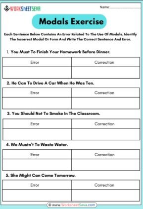 Modals Class 10 Exercise Error Correction Worksheet pdf