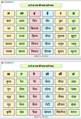 अ से अः तक की मात्रा वाले शब्द worksheet