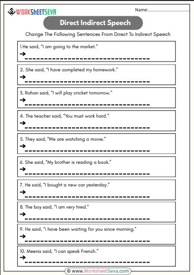 Direct Indirect Speech Worksheets With Answers