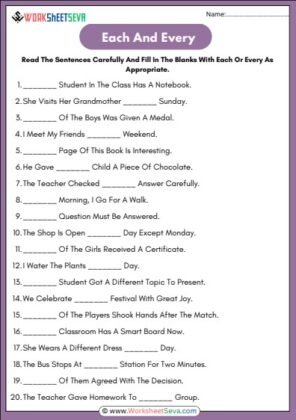 Fill In The Blanks With Each And Every Worksheet
