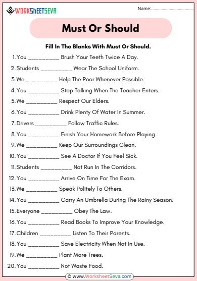 Fill In The Blanks With Must Or Should worksheet pdf