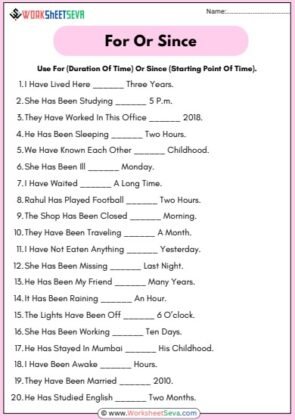 Fill In The Blanks With For Or Since worksheet pdf