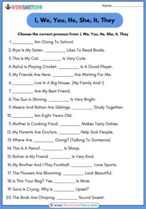 I We You He She It They For Class 3 worksheet pdf