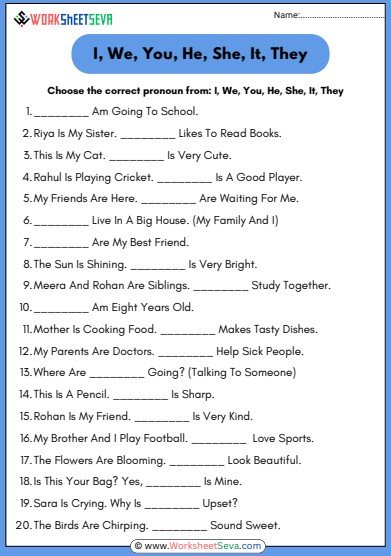 I We You He She It They For Class 3 worksheet pdf