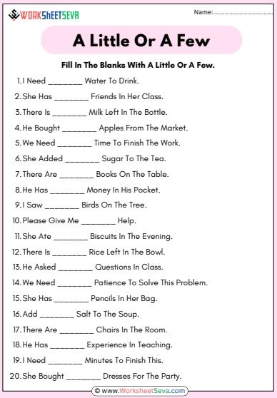 Fill In The Blanks With A Little Or A Few Worksheet pdf