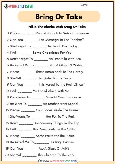 Fill In The Blanks With Bring Or Take Worksheet pdf