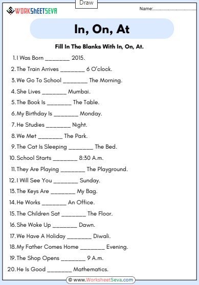 Fill In The Blanks With In, On, At Worksheet pdf