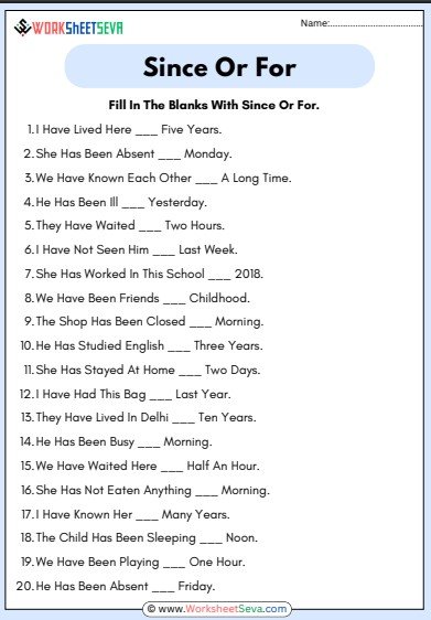 Fill In The Blanks With Since Or For Worksheet pdfFill In The Blanks With Since Or For Worksheet pdf