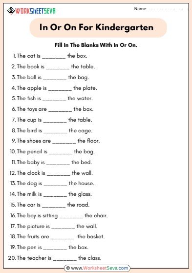 In Or On For Kindergarten Worksheet pdf