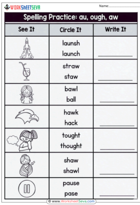 Spelling Practice - au, ough, aw worksheet pdf
