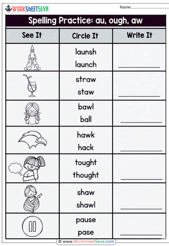Spelling Practice - au, ough, aw worksheet pdf