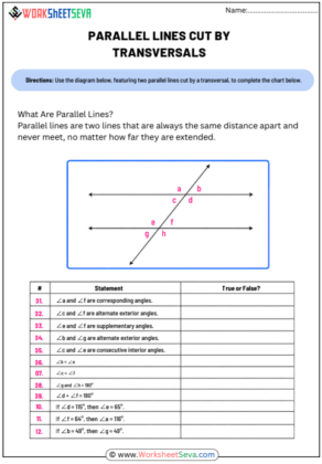 Parallel Lines Cut by a Transversal worksheet pdf free download