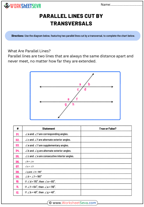Parallel Lines Cut by a Transversal worksheet pdf free download